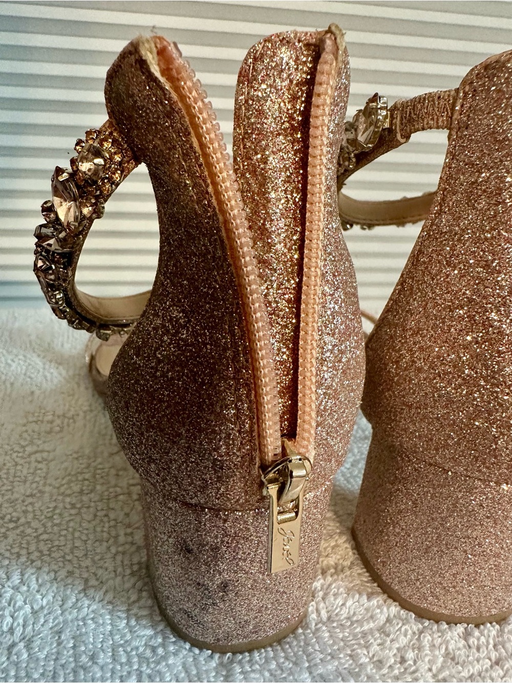 Jewel Badgley Mischka Rose Gold Glitter Jeweled Ankle-Strap Block Heels - Picture 5 of 6